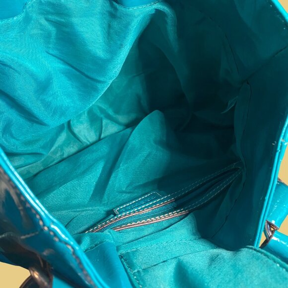 Turquoise Patent Vegan Leather Shoulder Bag With Embossed Medallion Design - Picture 8 of 11